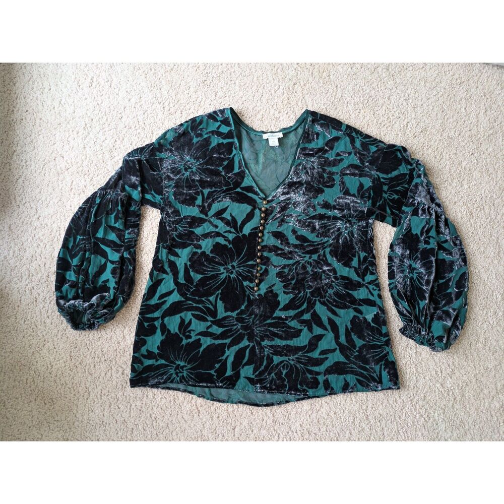 Sundance Dark Green Velvet Balloon Sleeve Floral Long Sleeve Blouse Sz XS